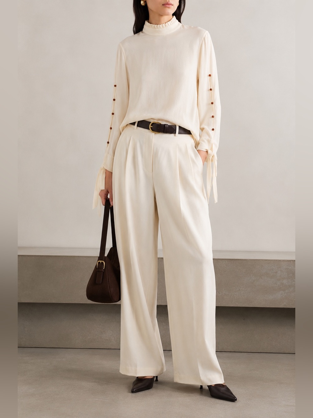 Equipment Ivory Silk Mock Neck Pleated Tie Sleeve Blouse | Button Detail | S